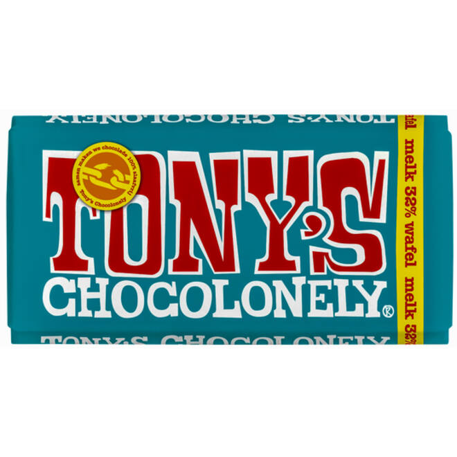 Chocolade Tony's Chocolonely melk pennywafel reep 180gr