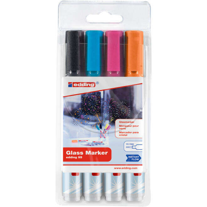 Viltstift edding 95 glasbord rond 1.5-3mm inclusief zwart assorti set à 4 stuks