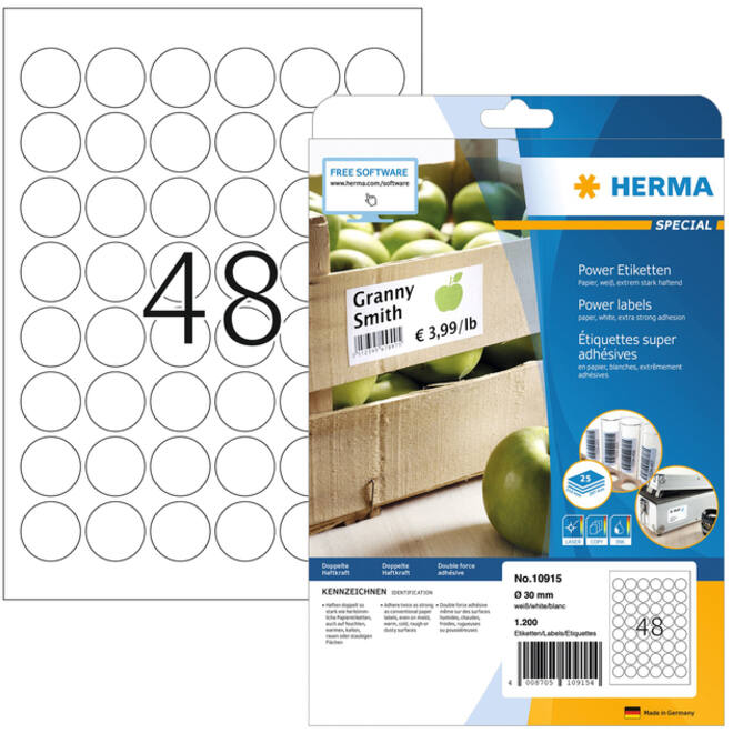 Etiket HERMA Power 10915 rond 30mm wit 1200stuks