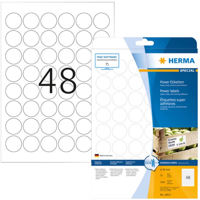 Etiket HERMA Power 10915 rond 30mm wit 1200stuks