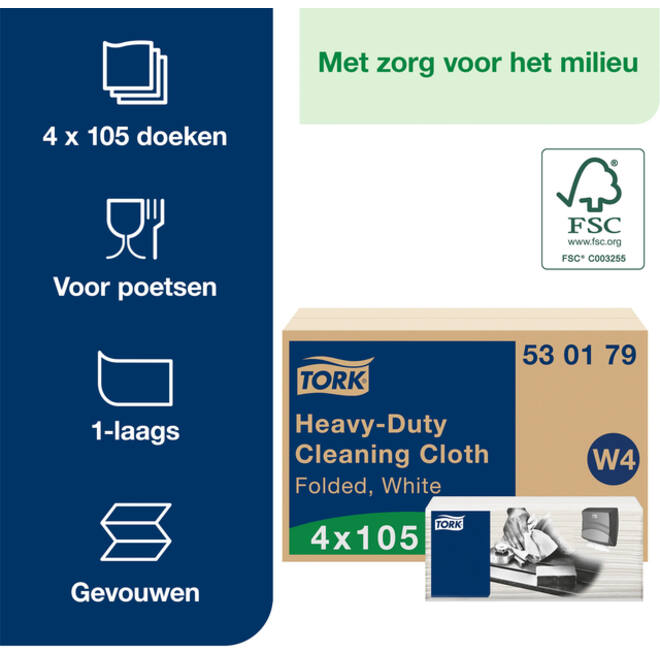 Reinigingsdoek Tork Heavy-Duty W4 multifunctioneel nonwoven 150 vel wit 530179