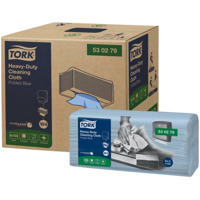 Reinigingsdoek Tork Heavy-Duty W4 gevouwen absorberend 105 vel blauw 530279