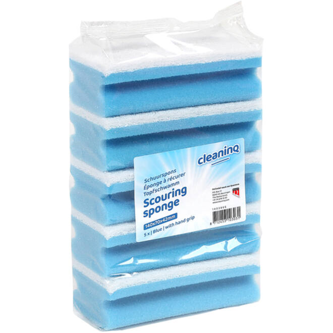 Schuurspons Cleaninq met greep 140x70x42mm blauw/wit 5 stuks