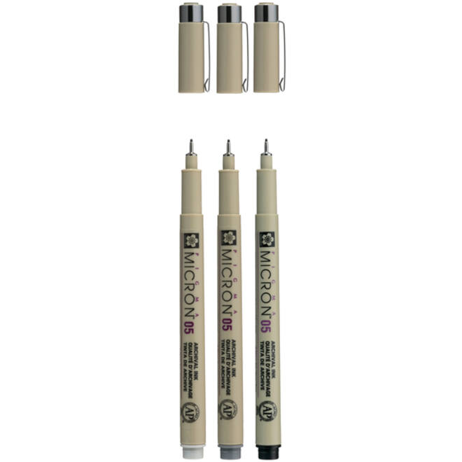 Fineliner Sakura Pigma Micron 05 set zwart & grijs 3 maten
