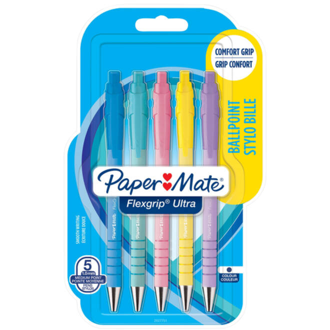 Balpen Paper Mate Flexgrip Ultra pastel medium schrijfkleur blauw blister à 5 stuks