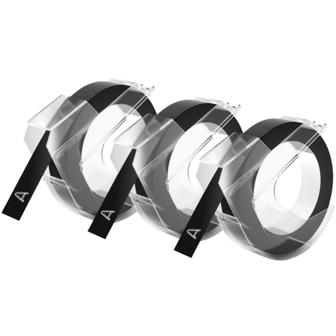 Reliëftape Dymo embossing plastic 9mm zwart op wit