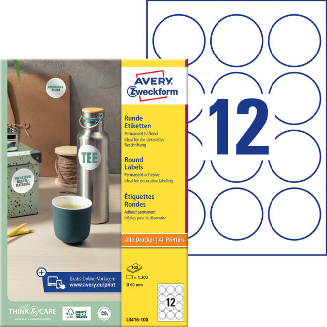 Etiket Avery Zweckform L3416 rond 60mm wit 1200stuks