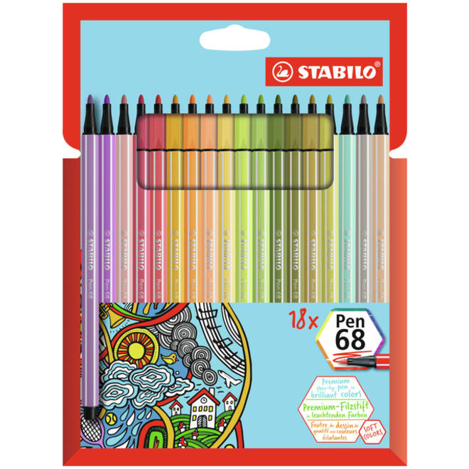 Viltstift STABILO Pen 68 8 medium soft assorti etui à 18 stuks