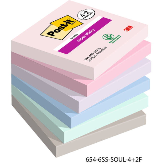 Memoblok Post-it 654 Super Sticky 76x76mm 4+2 gratis Soulful
