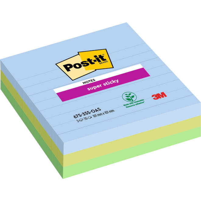 Memoblok Post-it 675-3 Super Sticky 101x101mm Oasis