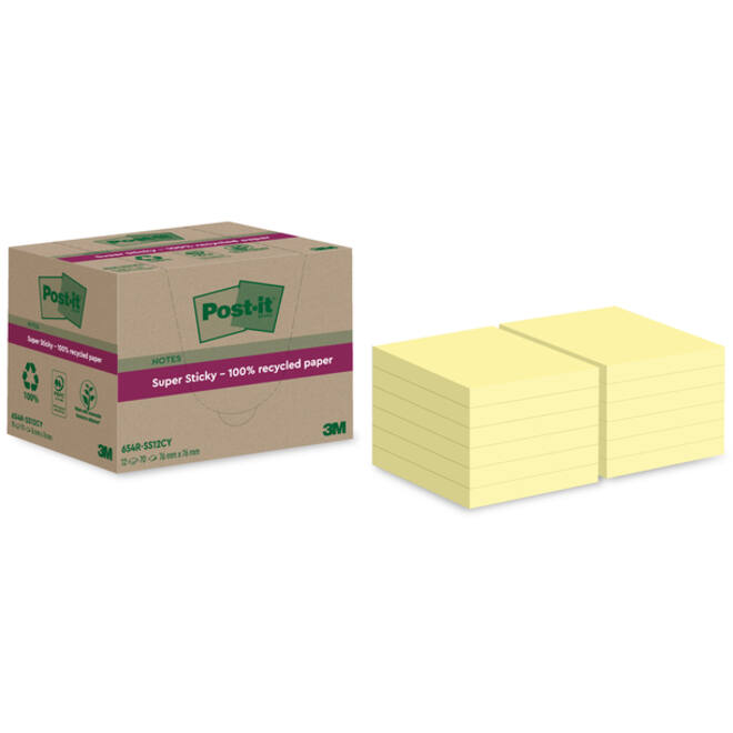 Memoblok Post-it Super Sticky 654 RSS12CY recycled 76x76mm canary yellow 12 stuks