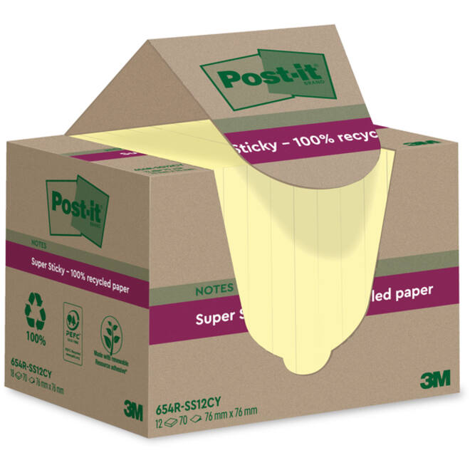 Memoblok Post-it Super Sticky 654 RSS12CY recycled 76x76mm canary yellow 12 stuks