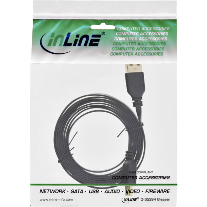 Kabel InlLne USB-A mini-B 2.0 platte kabel 2 meter zwart