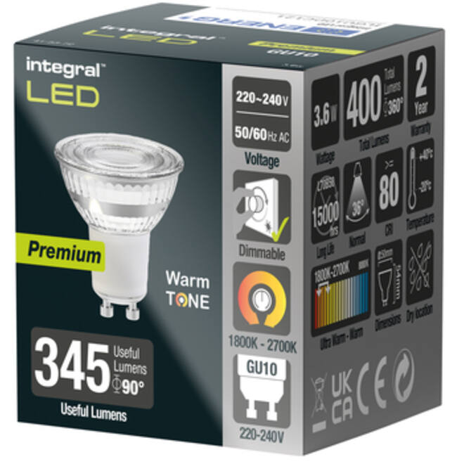 Ledlamp Integral GU10 1800-2700K warm wit 3.6W 380lumen