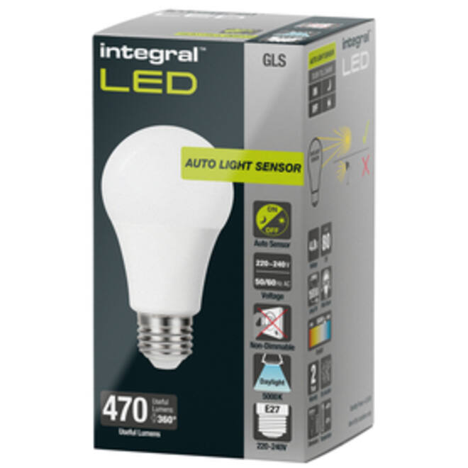 Ledlamp Integral E27 5000K koel wit 4.8W 470lumen dag/nacht sensor