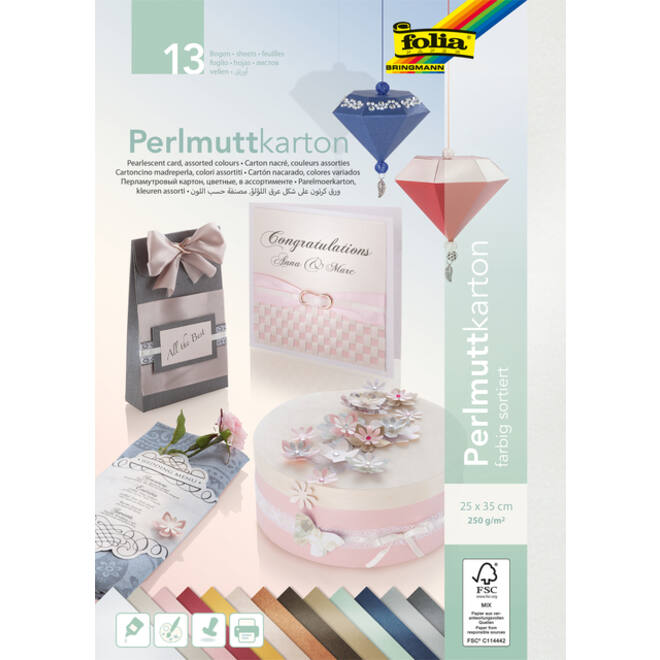 Parelmoerkarton Folia 2-zijdig 25x35cm 250gr 13 vel 13 kleuren