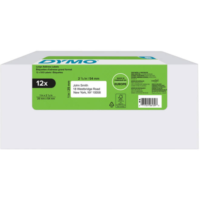Etiket Dymo LabelWriter adressering 25x54mm 12 rollen á 500 stuks wit