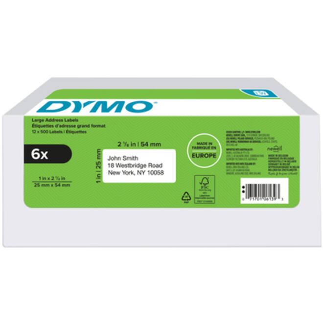Etiket Dymo LabelWriter adressering 25x54mm 6 rollen á 500 stuks wit