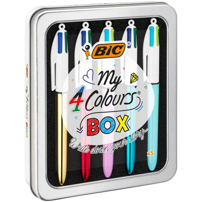 Balpen Bic 4kleuren My Bic medium assorti blik à 5 stuks