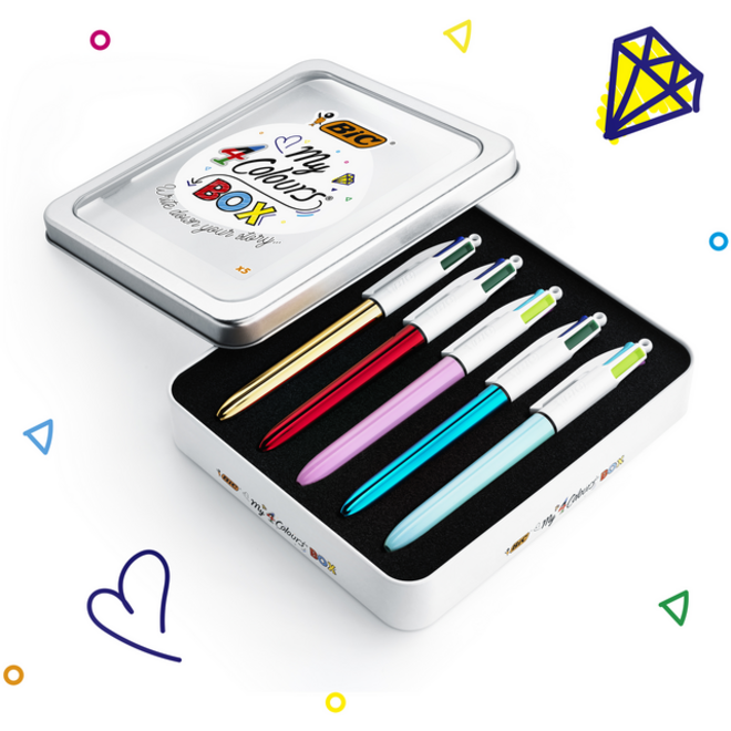 Balpen Bic 4kleuren My Bic medium assorti blik à 5 stuks