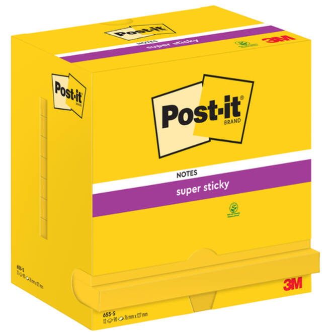 Memoblok Post-it 655 Super Sticky 76x127mm neon geel