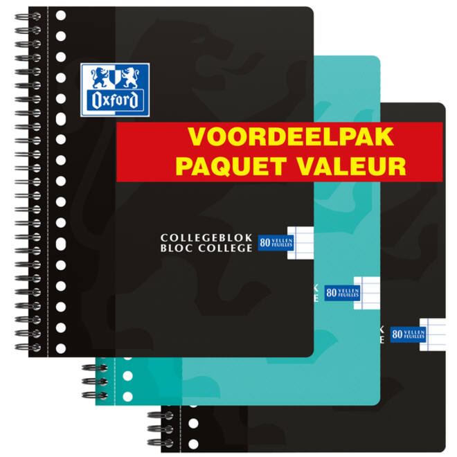 Collegeblok Oxford School A5+ lijn 17-gaats 160 pagina's 80gr voordeelpak assorti 3 stuks