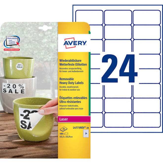 Etiket Avery L4773REV-20 63.5x33.9mm wit 480stuks