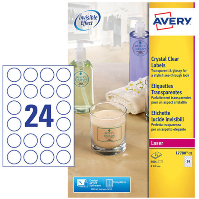 Etiket Avery L7780-25 rond 40mm transparant 600stuks