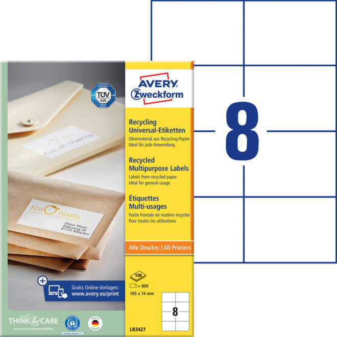 Etiket Avery Zweckform LR3427-100 105x74mm recycled wit 800stuks