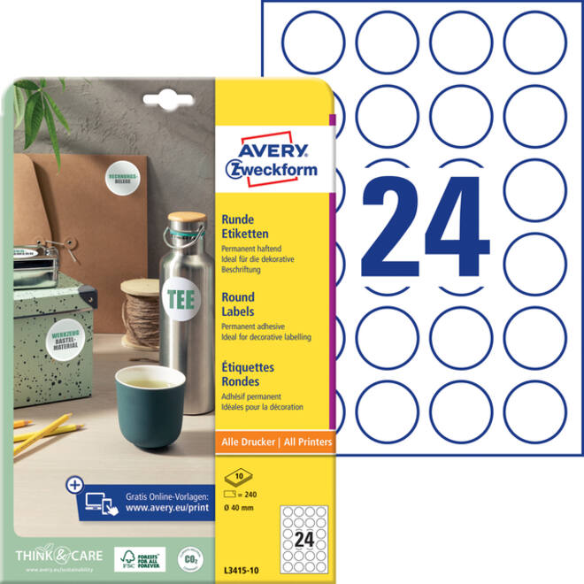 Etiket Avery Zweckform L3415-10 rond 40mm wit 240stuks