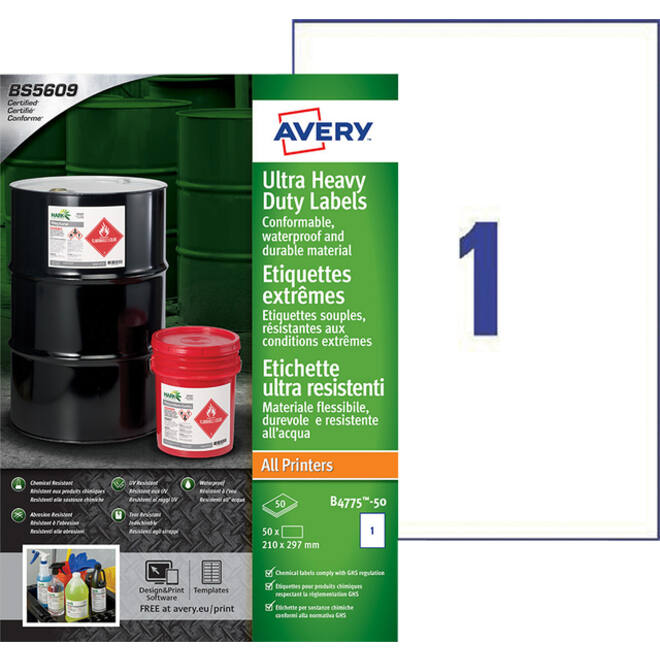 Etiket Avery B4775-50 210x297mm polyethyleen wit 50stuks