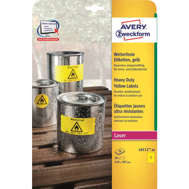 Etiket Avery Zweckform L6111-20 210x297mm geel 20stuks