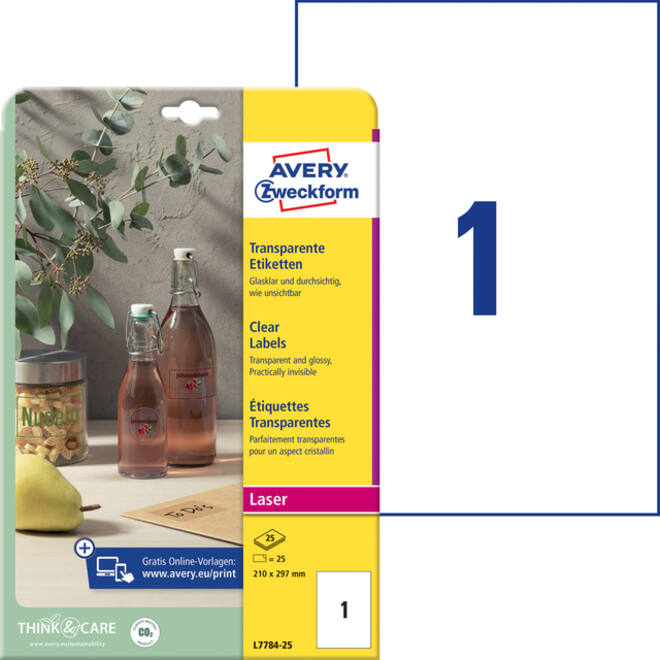 Etiket Avery Zweckform L7784-25 210x297mm transparant 25stuks
