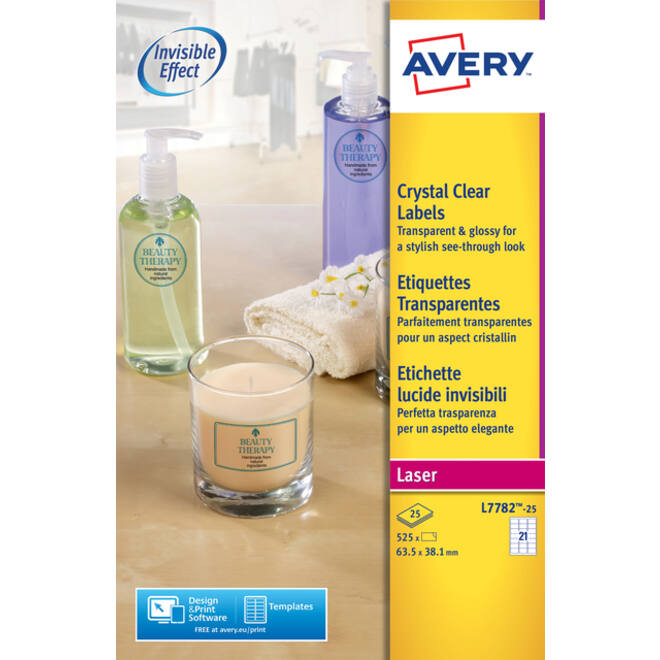 Etiket Avery L7782-25 63.5x38.1mm transparant 525stuks