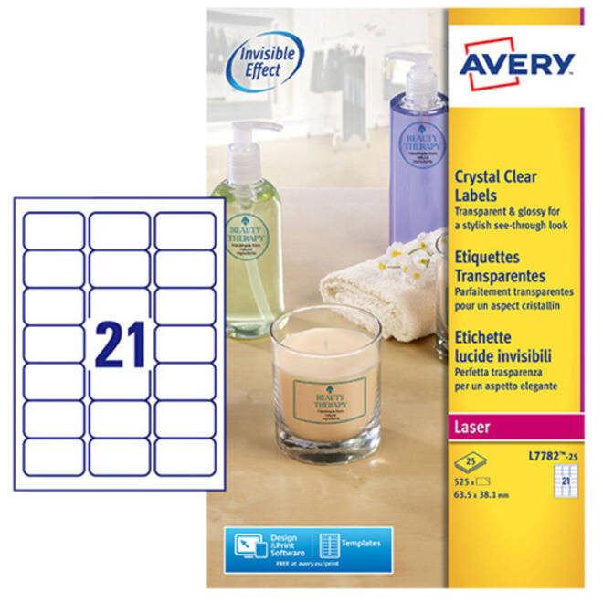 Etiket Avery L7782-25 63.5x38.1mm transparant 525stuks