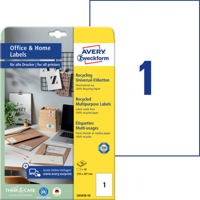 Etiket Avery Zweckform LR3478-10 210x297mm recycled wit 10stuks