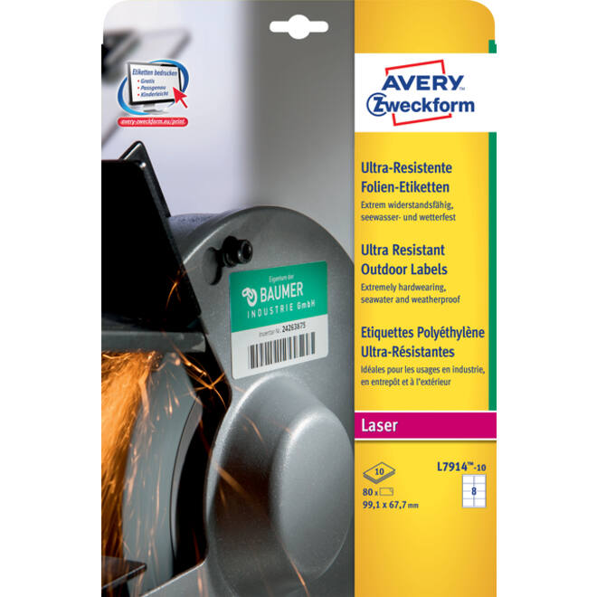 Etiket Avery Zweckform L7914-10 99.1x67.7mm polyester wit 80stuks