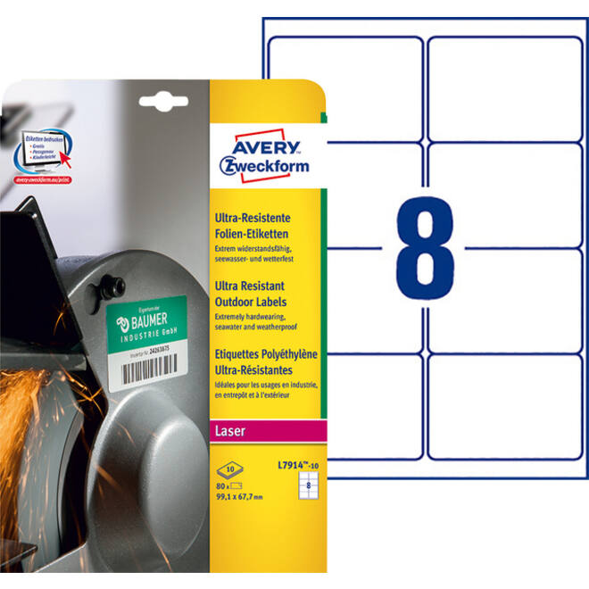 Etiket Avery Zweckform L7914-10 99.1x67.7mm polyester wit 80stuks