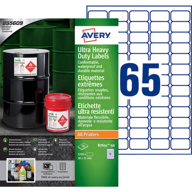 Etiket Avery B7651-50 38x21mm polyethyleen wit 3250stuks