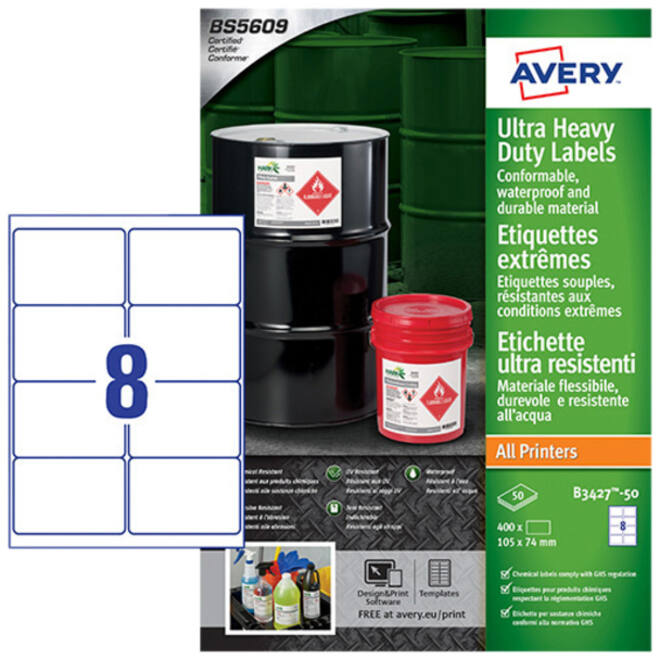 Etiket Avery B3427-50 105x74mm polyethyleen wit 400stuks