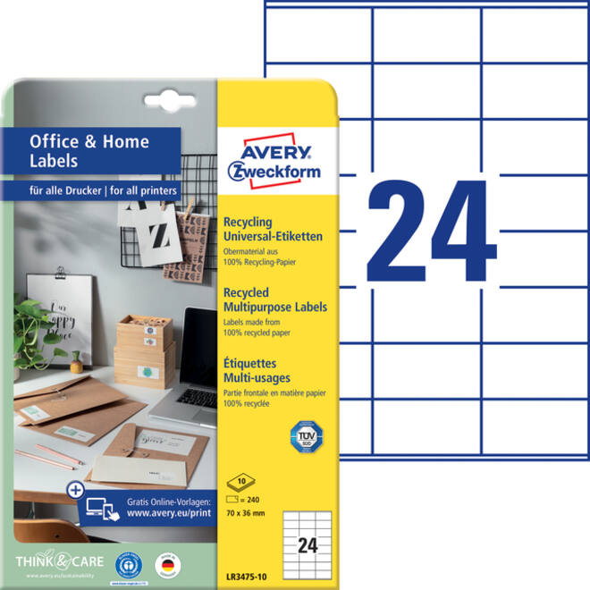 Etiket Avery Zweckform LR3475-10 70x36mm recycled wit 240stuks