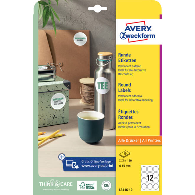 Etiket Avery Zweckform L3416-10 rond 60mm wit 120stuks