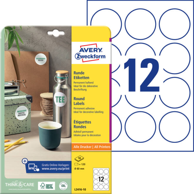 Etiket Avery Zweckform L3416-10 rond 60mm wit 120stuks