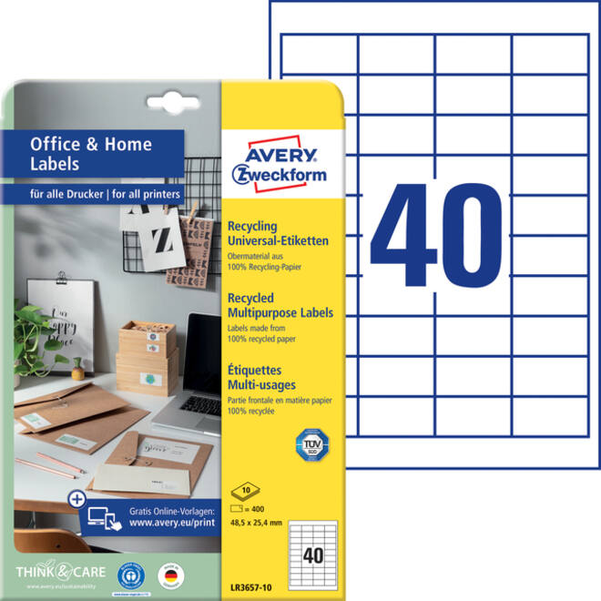 Etiket Avery Zweckform LR3657-10 48.5x25.4mm recycled wit 400stuks