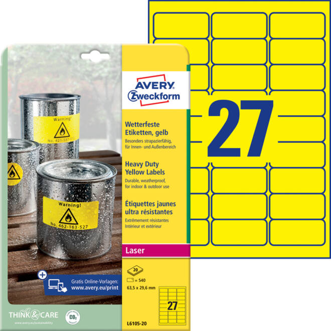 Etiket Avery Zweckform L6105-20 63.5x29.6mm geel 540stuks