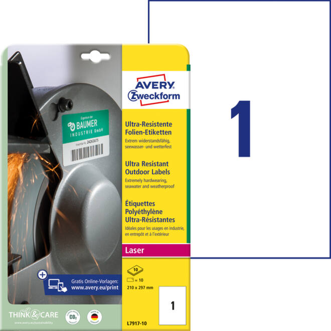 Etiket Avery Zweckform L7917-10 210x297mm polyethyleen wit 10stuks
