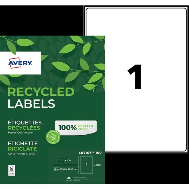 Etiket Avery LR7167-100 199.6x289.1mm recycled wit 100stuks