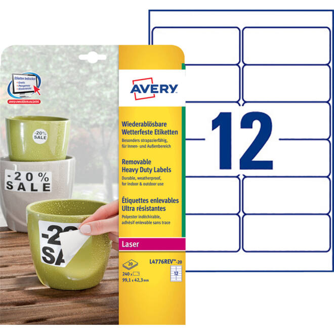 Etiket Avery L4776REV-20 99.1x42.3mm wit 240stuks