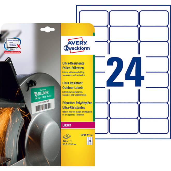 Etiket Avery Zweckform L7912-10 63.5x33.9mm polyethyleen wit 240stuks