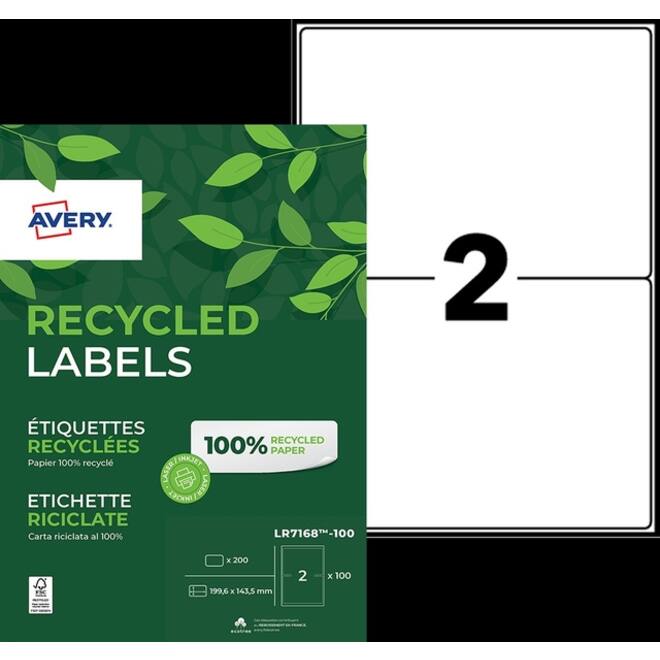 Etiket Avery LR7168-100 199.6x143.5mm recycled wit 200stuks